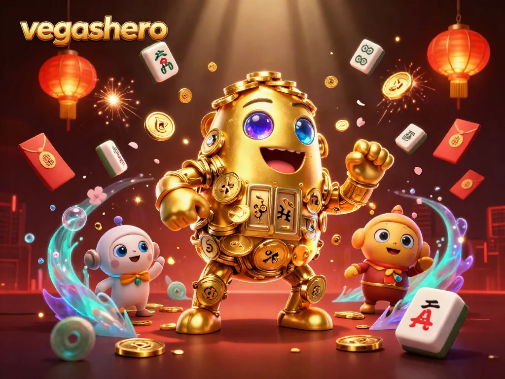 Experience the thrill of vegashero with a dynamic casino-themed 3D illustration featuring golden golem and game elements.