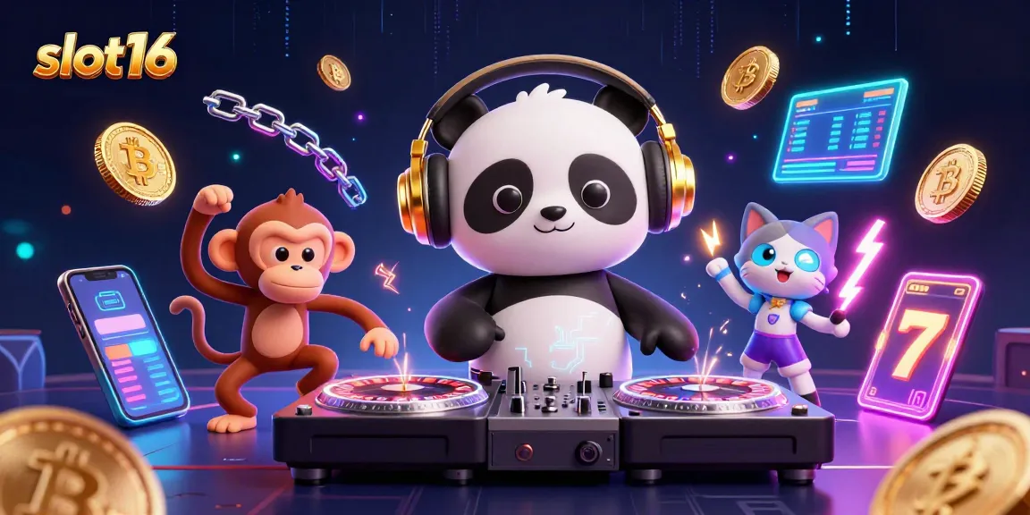 Join the fun world of slot16 with a DJ panda and dancing characters in a vibrant casino scene.