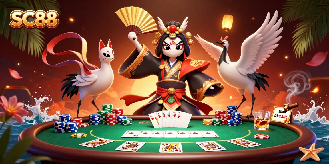 Engage in thrilling poker action with SC88, showcasing vibrant casino elements and dynamic characters.