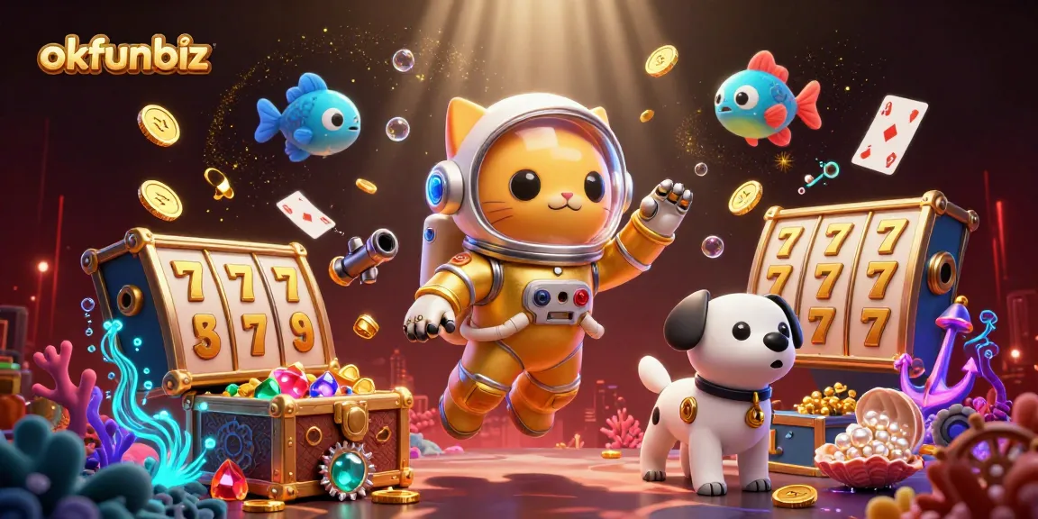 okfunbiz showcases strategic slot gameplay with colorful gold coins, creating an engaging casino scene.