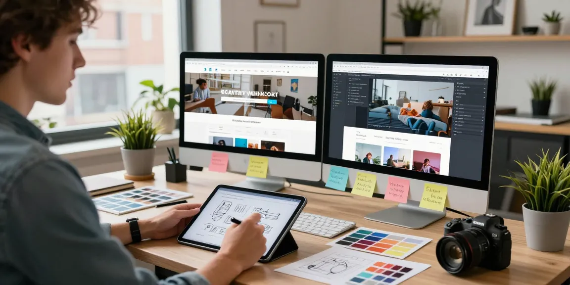Sanumwebdesign ontwerper aan het werk in een inspirerende studio met kleurrijke moodboards.