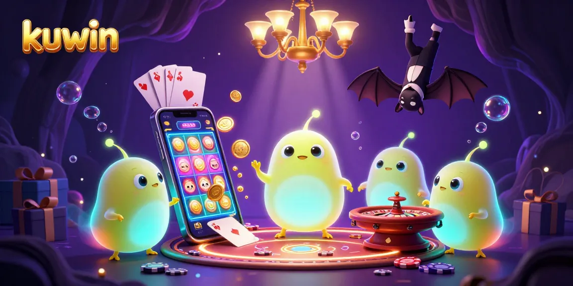 Kuwin casino illustration showing glowworms lighting a cave casino, engaging in slots and games.