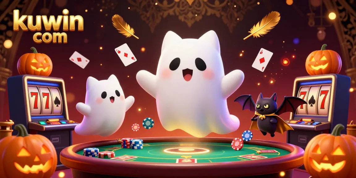Kuwin com brings excitement to the casino with a ghost cat and vampire bat enjoying slot machines in a vibrant illustration.
