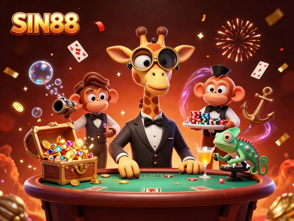 Experience the excitement at SIN88 with a high-roller giraffe and vibrant casino elements.