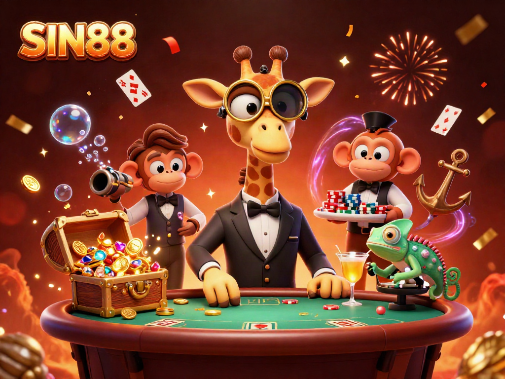 Experience the excitement at SIN88 with a high-roller giraffe and vibrant casino elements.