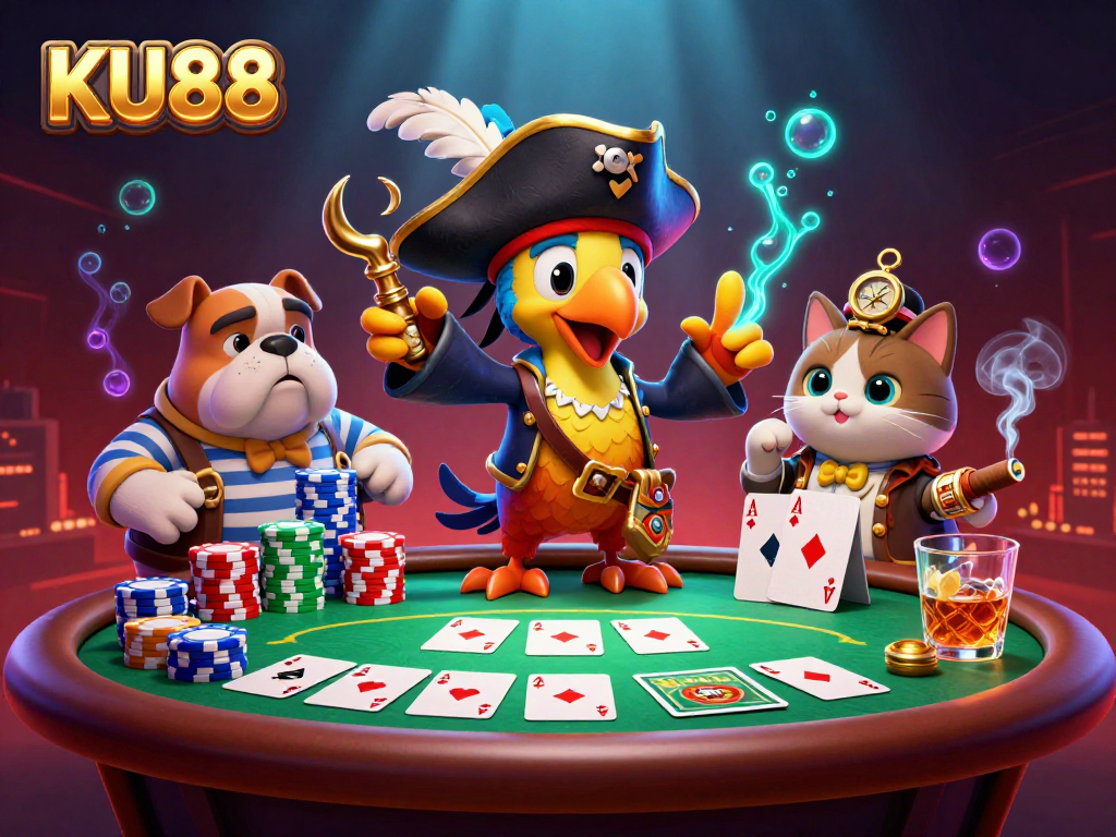 KU88 showcases a lively poker scene with a pirate captain, bulldog, and cat, enhancing the gaming experience.