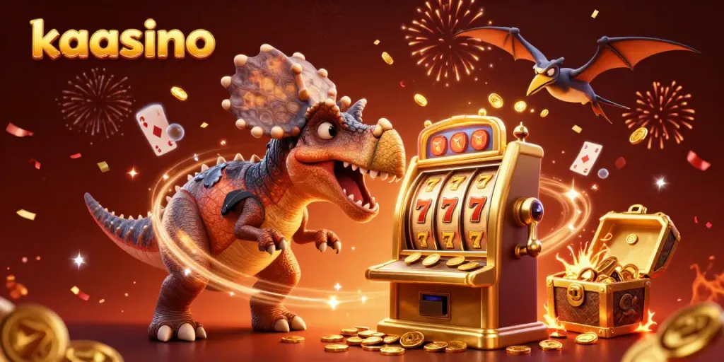 Kaasino offers exciting slot interactions as dinosaurs create a vibrant casino scene filled with golden coins.