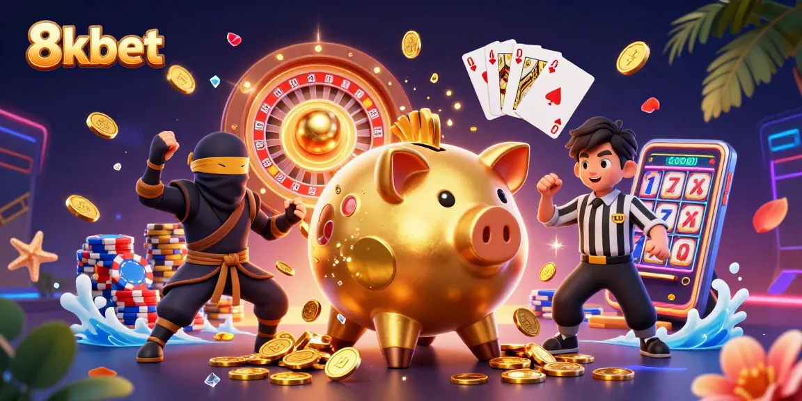 Experience the excitement of 8kbet with dynamic characters and vibrant casino elements in an action-packed scene.