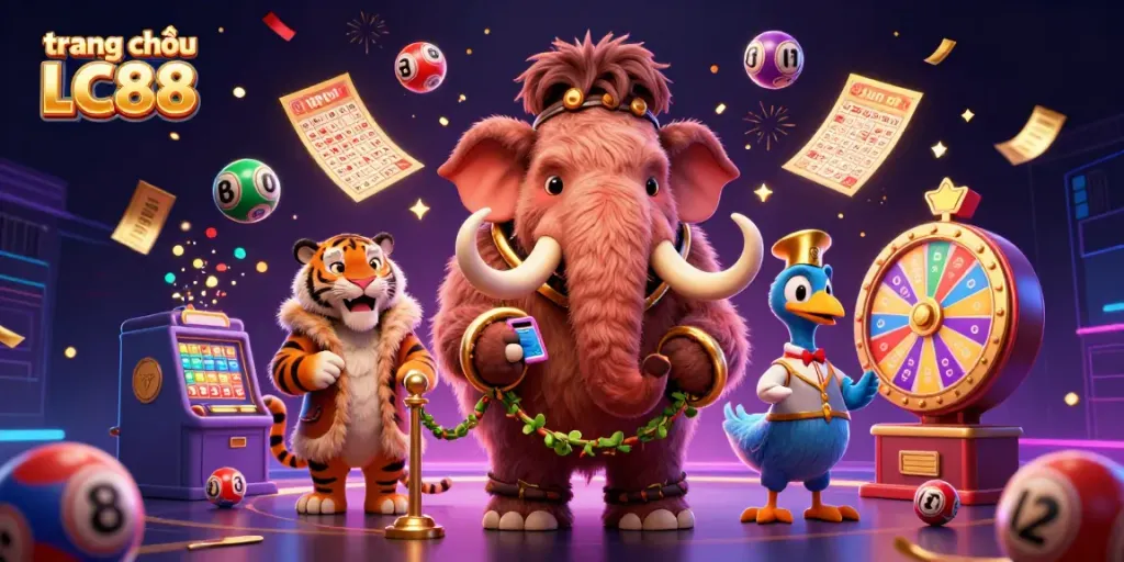 Experience the excitement of trang chủ LC88 with vibrant lottery balls and whimsical characters at a dynamic casino event.