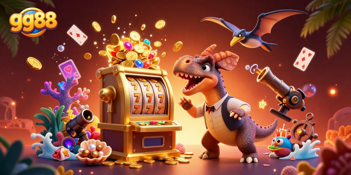 Experience a thrilling jackpot at gg88 with an action-packed scene featuring a dinosaur and gold coins