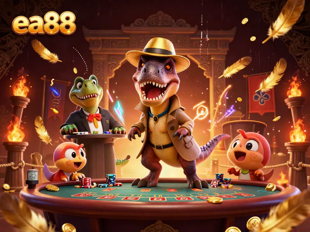 ea88 tham gia trò chơi blackjack với một nhân vật velociraptor và pit boss stegosaurus, môi trường casino sinh động