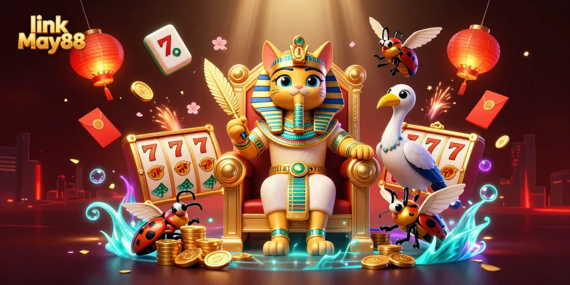 Experience the excitement of slot games with link May88 in this vibrant 3D casino illustration.