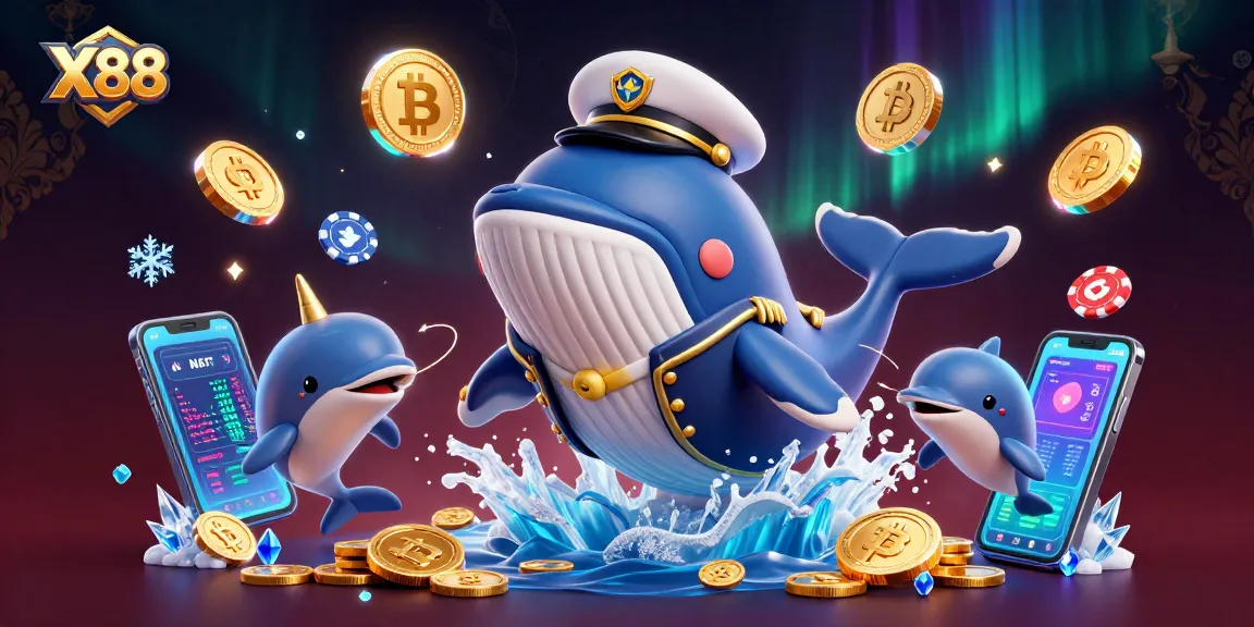 Engage with the exciting world of X88 through a vibrant 3D casino illustration featuring animated characters and cryptocurrencies.