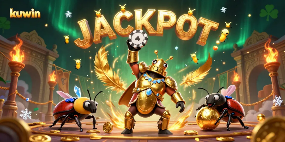 Engage with kuwin's jackpot excitement as a heroic beetle lifts a poker chip in a vibrant casino scene.