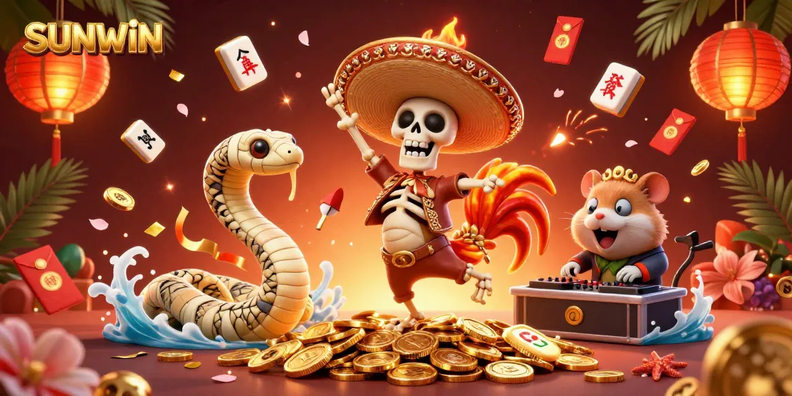 SUNWIN engages players with vibrant casino action featuring a dancing mariachi rooster and golden treasures.