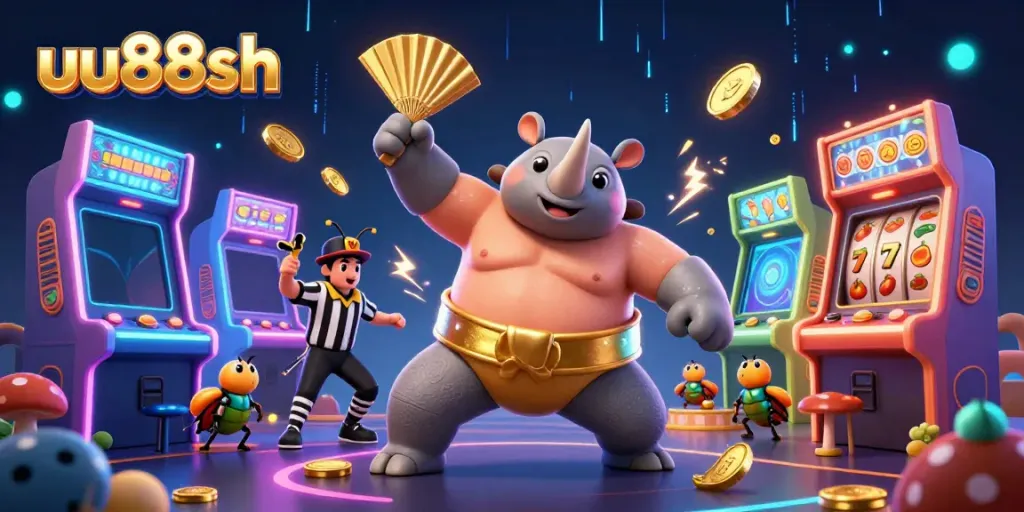 Engage with casino fun at uu88sh featuring a dynamic 3D scene of a beetle champion surrounded by games.