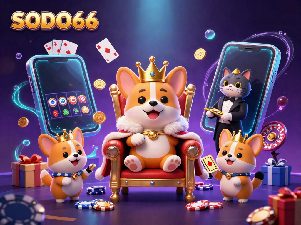 Experience exciting gameplay with SODO66's lively 3D casino scene featuring a royal corgi and a cat butler.