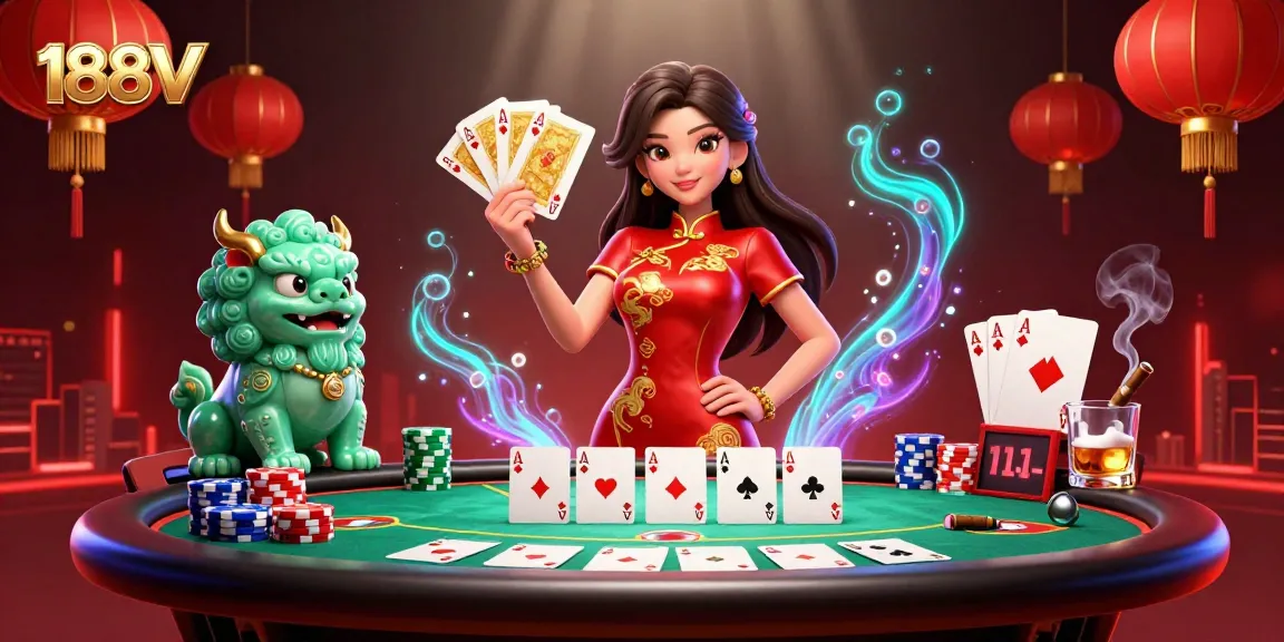 Experience vibrant gameplay at 188V with a captivating casino scene, poker cards, and dynamic characters.