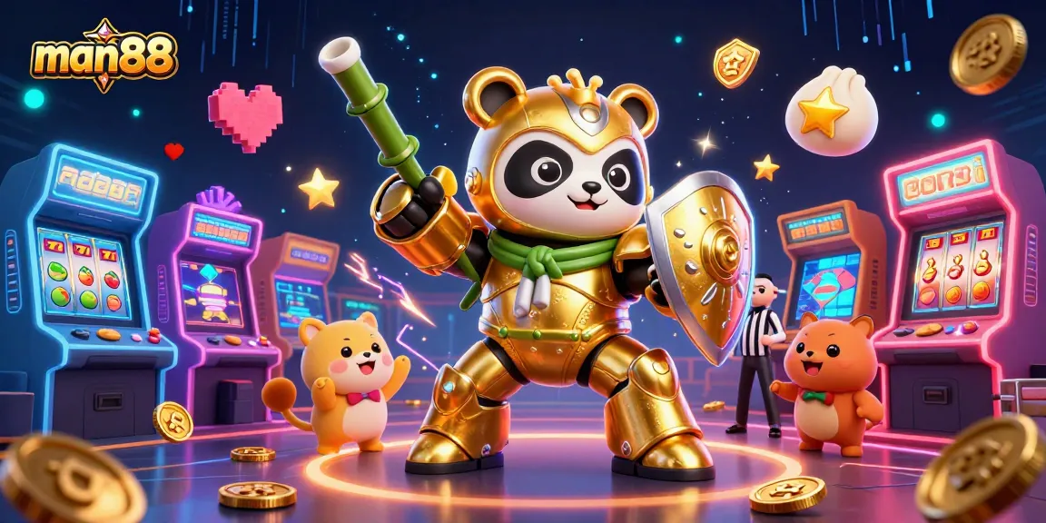 Join the excitement at man88 with vivid slot reels and a golden panda in an arcade-inspired arena!