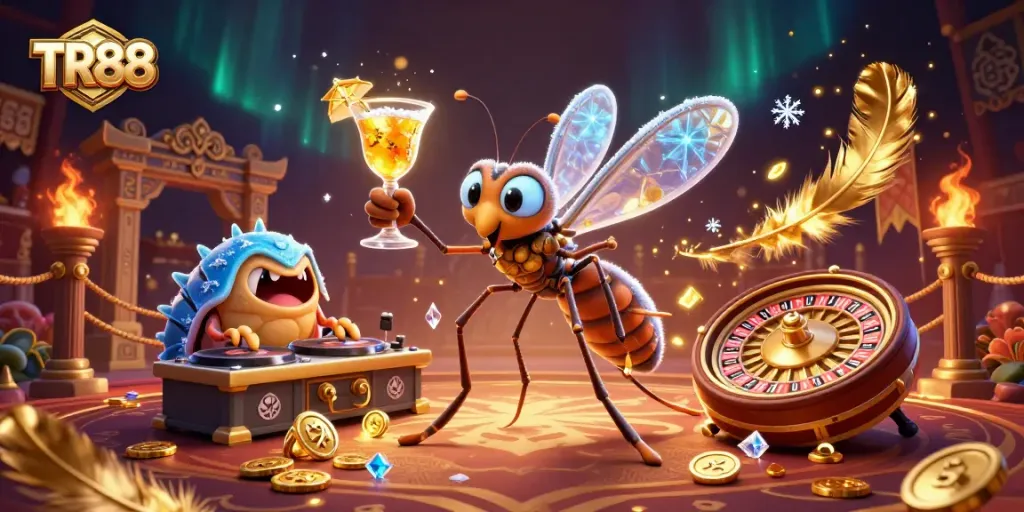Engage in thrilling gameplay with TR88, featuring a lively casino mascot and golden roulette.