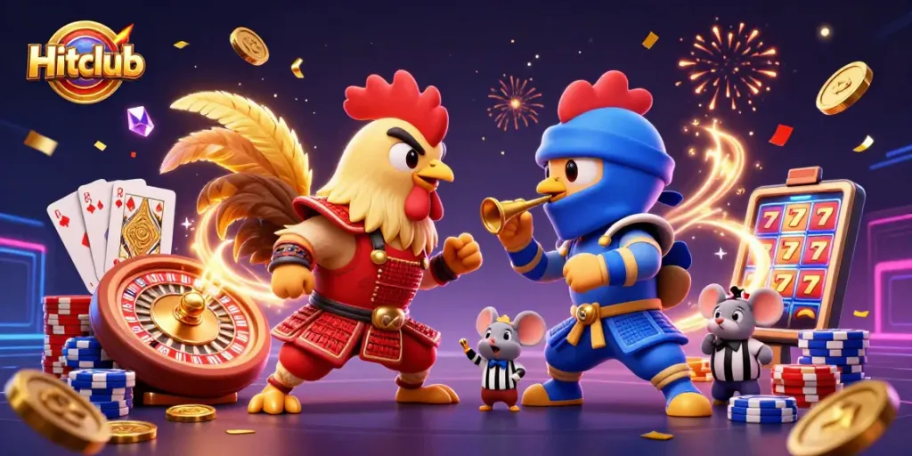 Hitclub showcases an intense battle with fighting roosters in a dynamic casino scene, reflecting thrilling gaming action.