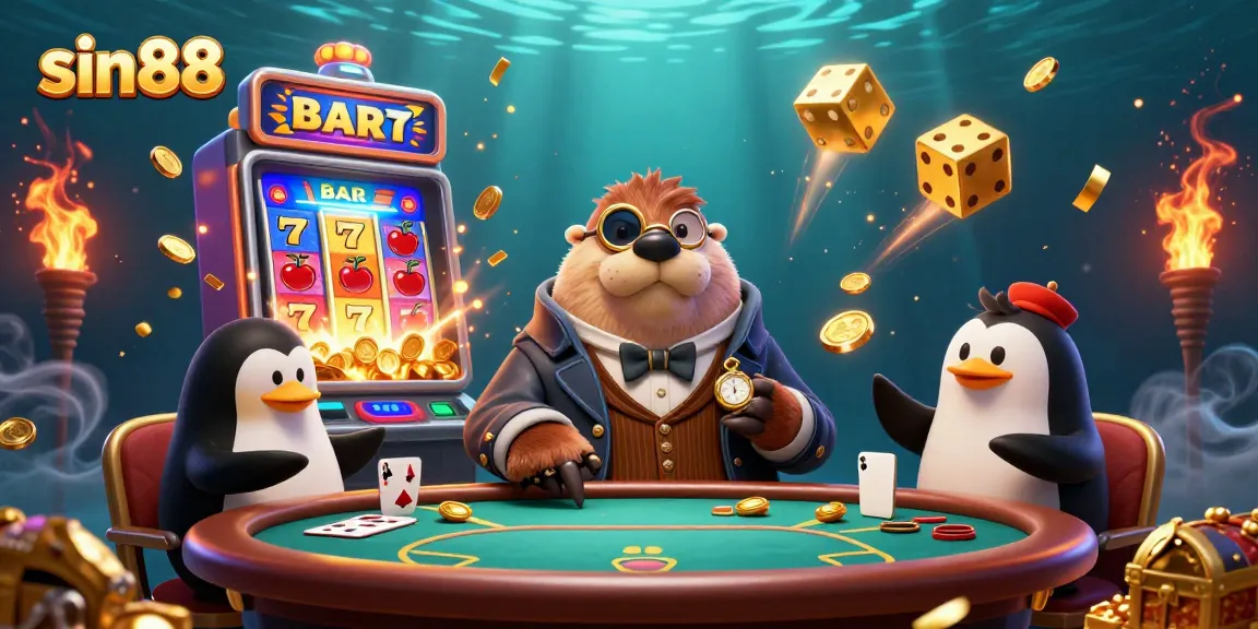 Experience thrilling underwater poker with sin88 featuring a walrus, penguin dealer, and pufferfish at a vibrant table.
