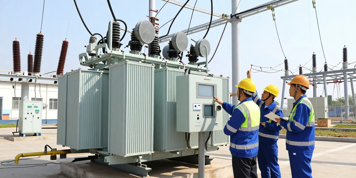 In bedrijf zijnde olie-ondergedompelde transformator met ingenieurs aan het werk.