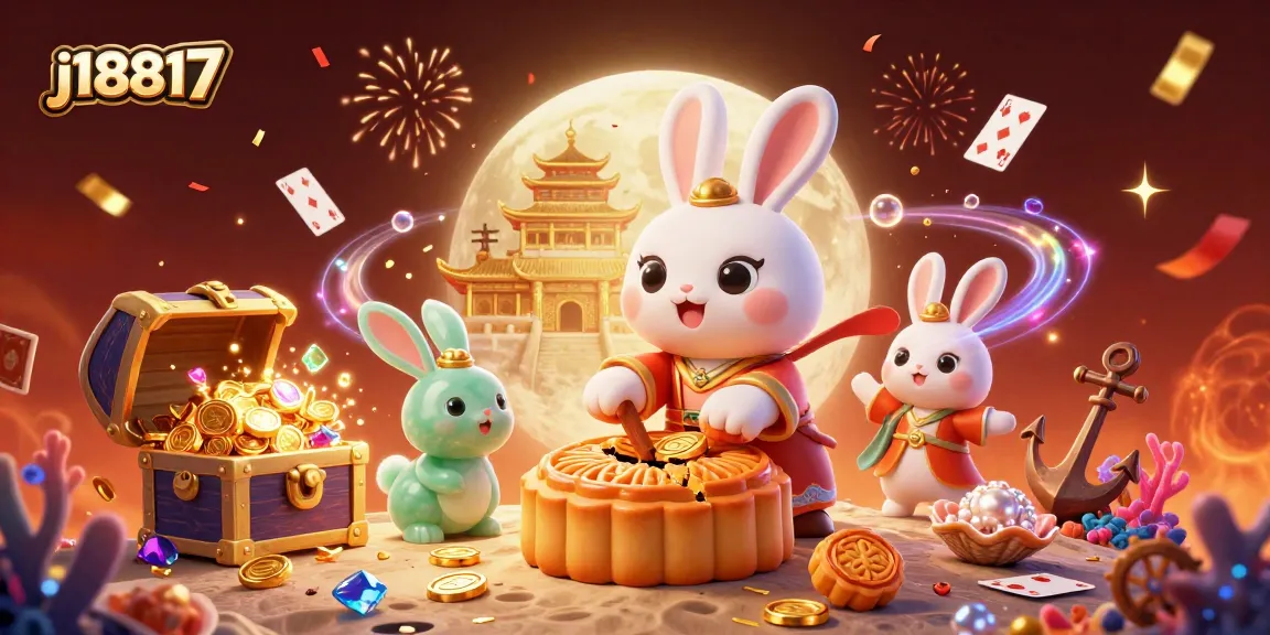 Join j18817 in an exciting depiction of gambling with poker chips and mooncakes amidst a vibrant casino scene.
