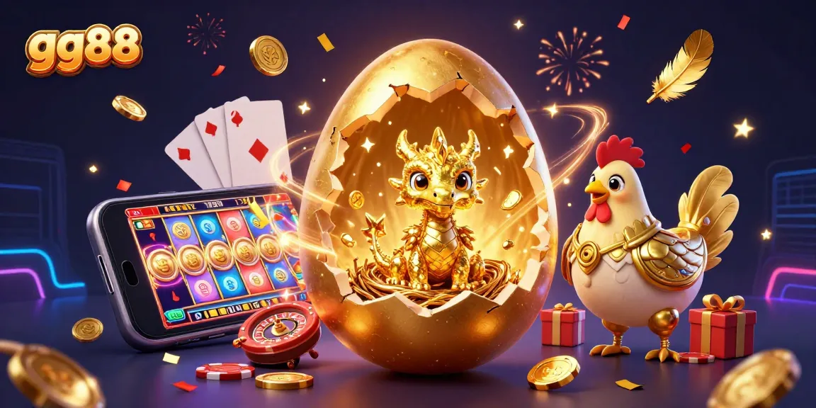 Engage with gg88 slots as a baby dragon emerges from a golden egg amidst poker chips and game elements.
