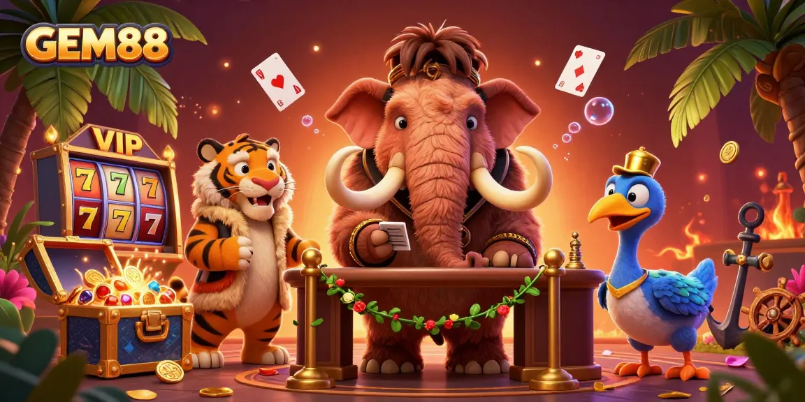 Immerse in the GEM88 casino experience with a woolly mammoth bouncer and vibrant gaming elements.