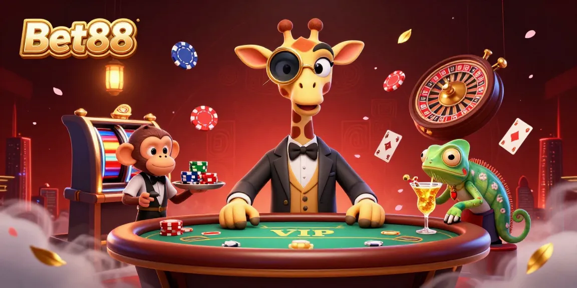 Experience the thrill of Bet88 with a vibrant 3D casino scene featuring high-roller characters in action.