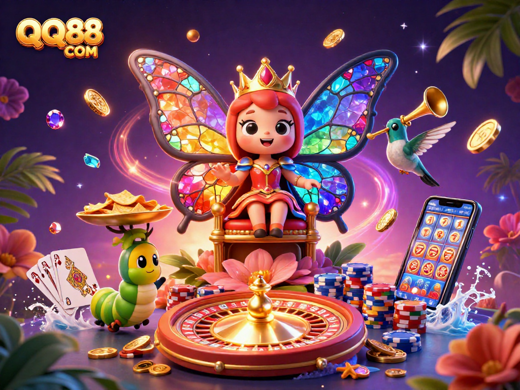 Experience the vibrant gambling atmosphere with QQ88 COM featuring a whimsical butterfly queen and casino elements.