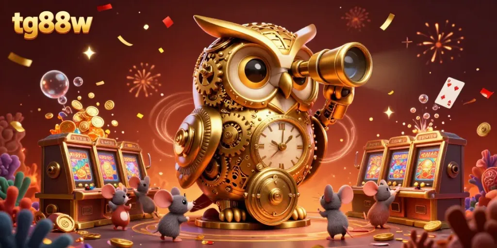 Experience thrilling gameplay at tg88w, featuring an animated scene with a clockwork owl, gold coins, and vibrant elements.