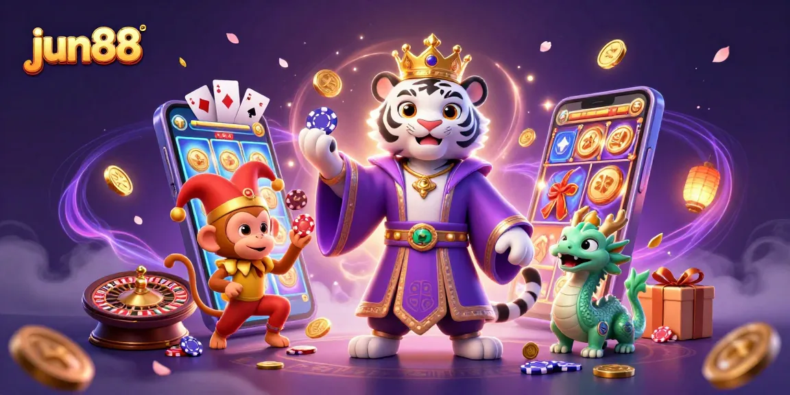 Experience vibrant gaming excitement with jun88 featuring a royal white tiger, golden coins, and magical elements.