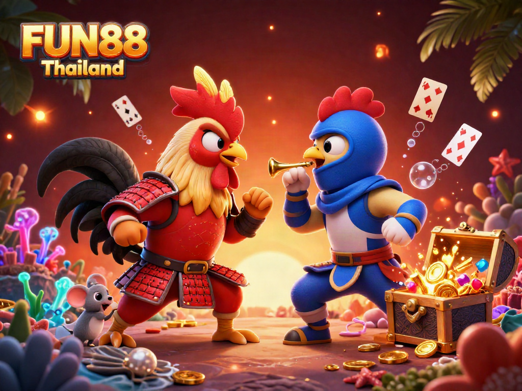 Experience thrilling gameplay with twin fighting roosters in FUN88 Thailand, framed by vibrant underwater treasures.