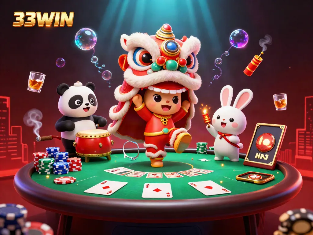 Experience the excitement of 33WIN with a dynamic lion dance scene amidst vibrant casino elements.