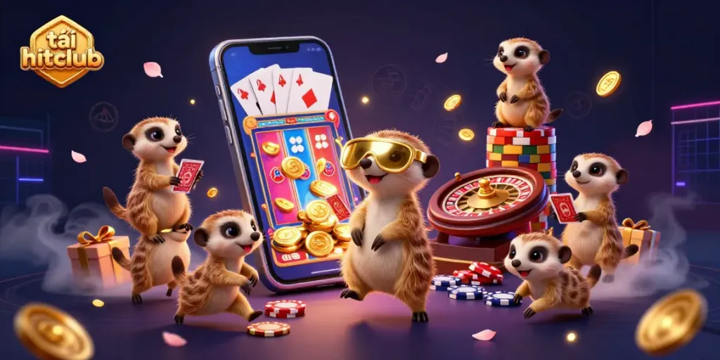 Engage with thrilling gameplay by tải hitclub, featuring meerkats managing a vibrant casino environment.