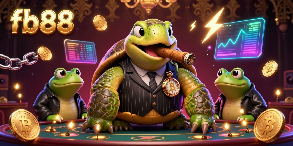 Experience the thrill of gambling at fb88 with a cartoon turtle mobster surrounded by crypto coins and casino lights.