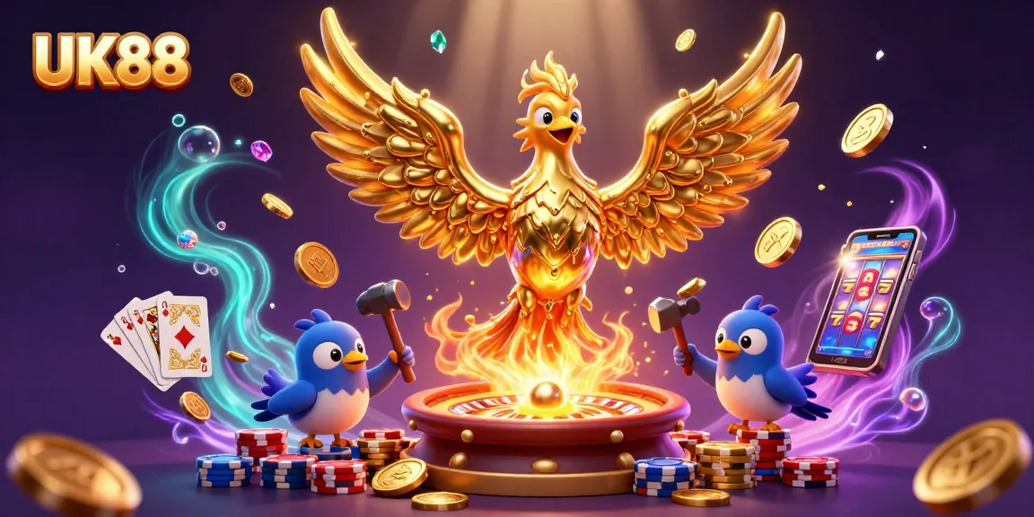 Experience thrilling gameplay with UK88 as the golden phoenix emerges, surrounded by casino riches.