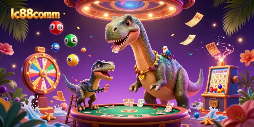Experience captivating gameplay at lc88comm with vibrant lottery balls and dynamic casino elements in a whimsical 3D scene.