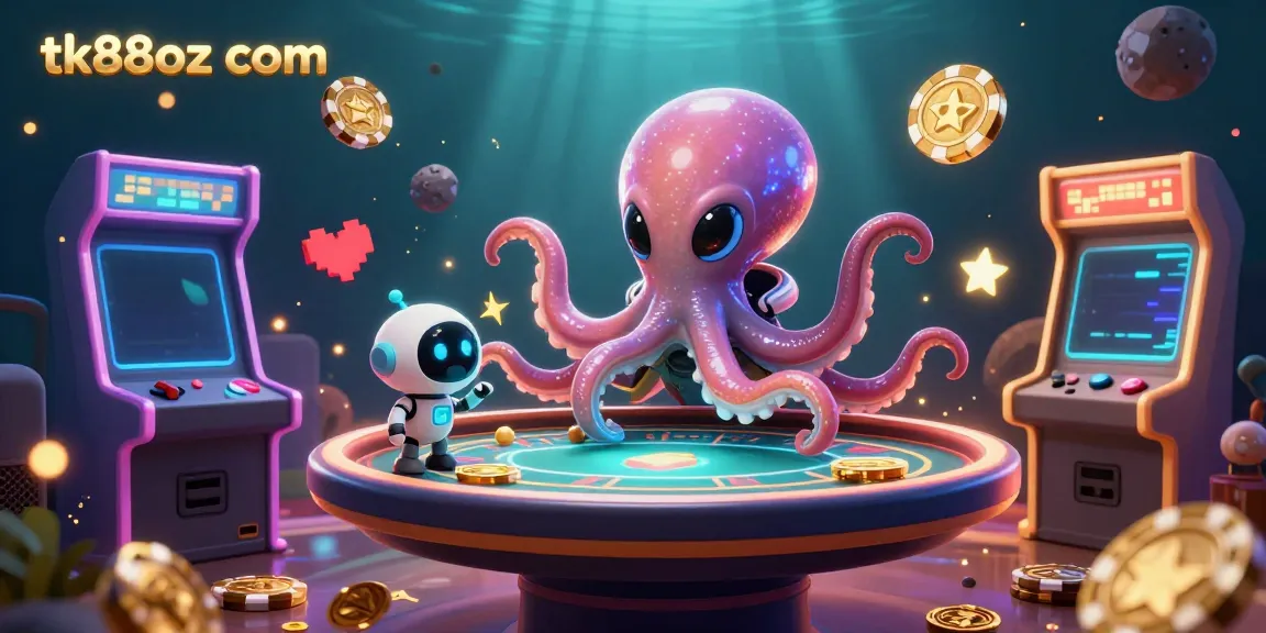 Experience thrilling gameplay at tk88oz com with a vibrant alien octopus and robot duo at a poker table.