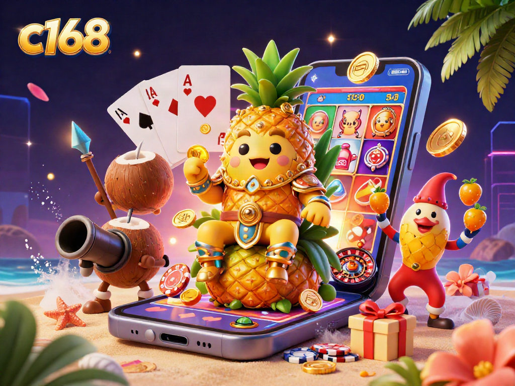 Experience the vibrant and dynamic play at c168 casino with a cartoon pineapple king and gaming elements.