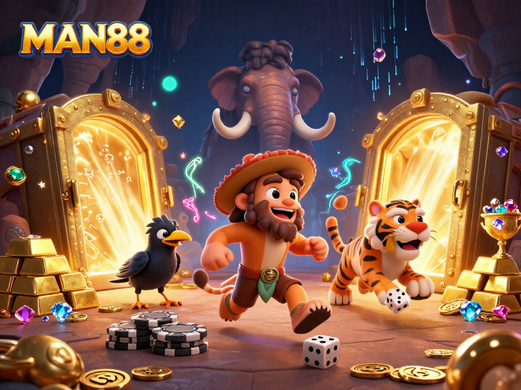 Experience exhilarating gaming adventures with MAN88 in this vibrant prehistoric casino scene.