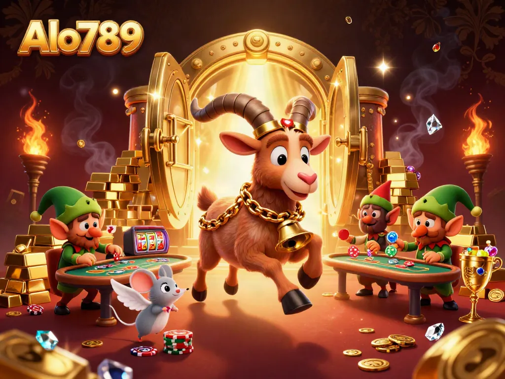 Alo789 offers thrilling casino excitement with a festive 3D scene of Krampus, showcasing colorful gaming elements.