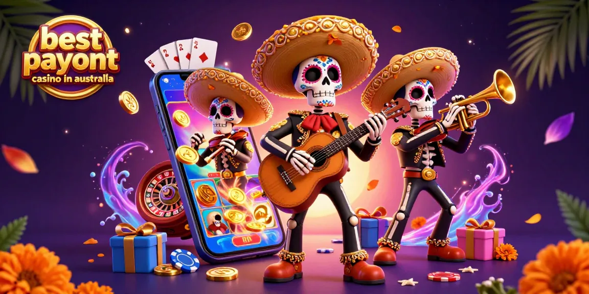 Experience the best payout casino in Australia with vibrant Day of the Dead mariachi band and exciting slot games.