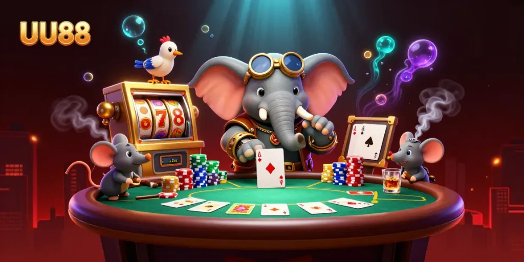 Engage with UU88's steampunk elephant engineer at a vibrant casino scene.