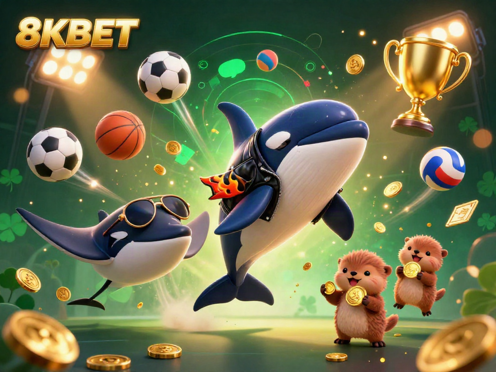 Experience thrilling moments with 8KBET featuring a dynamic orca, stingray, and sea otters celebrating wins with gold coins.