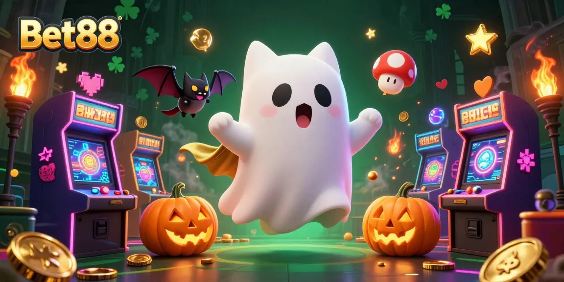Bet88 features a ghost cat and bat companion exploring a haunted casino, engaging players in vibrant gaming.