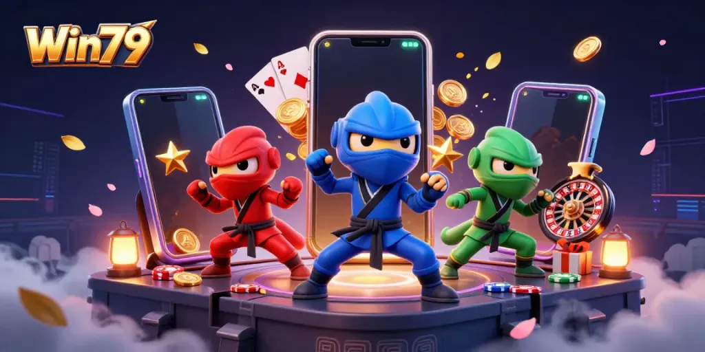 Engage in thrilling casino action with the vibrant Win79 gaming scene featuring ninja chameleons and dynamic slot games.