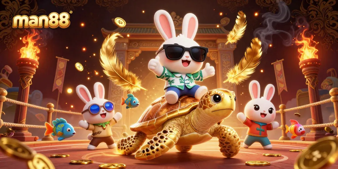 Enjoy thrilling gaming action with man88's vibrant cartoon scene featuring a lucky rabbit and golden sea turtle.